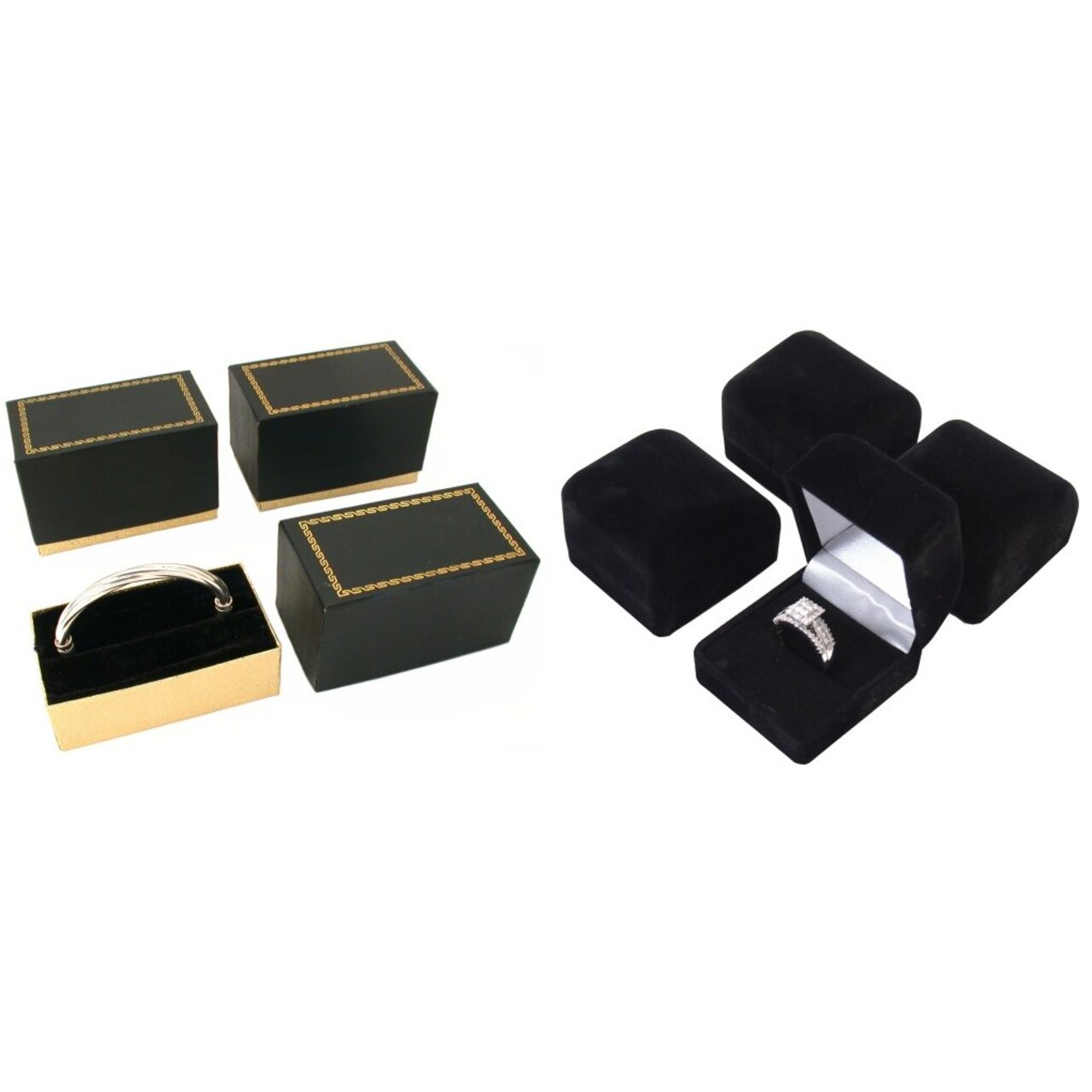3 Bangle Bracelet Boxes, 4 Black Velvet Flocked Ring Gift Boxes kit